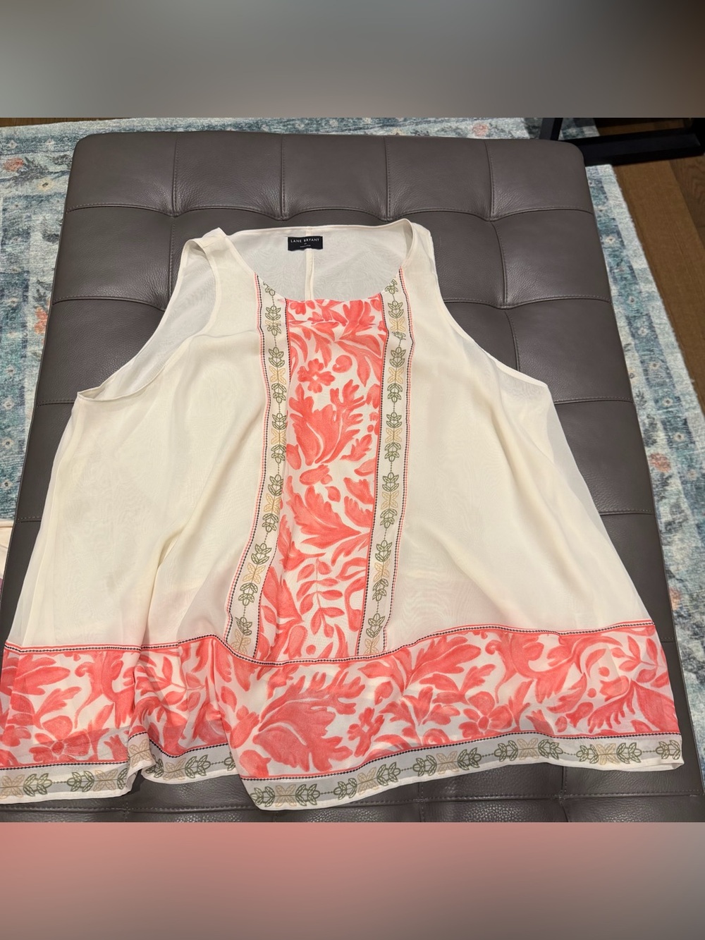 New Lane Bryant Sleeveless Cream Swing Tank with Coral Floral Border - 18